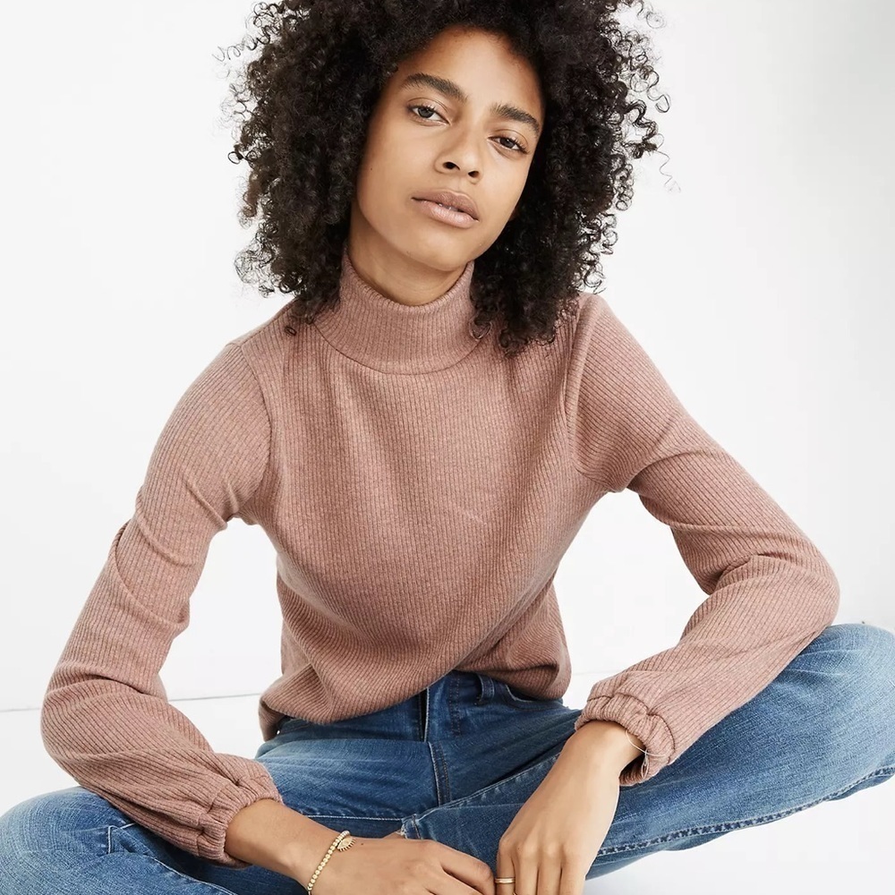 Madewell Pink Rose Heathered Bubble-Sleeve Swing Turtleneck Top Size XXS NWT
